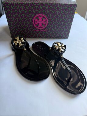 Tory Burch Black Jelly Thong Sandals with Gold Logo Emblem